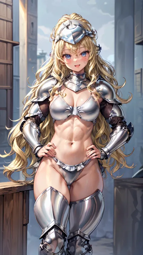 Very detailed、Highest quality、Best image quality、masterpiece、8k、Anime Face、A kind smile、(Open your mouth:1.5)、Sparkling Eyes、(Blonde wavy hair:1.5)、、Muscles of the whole body、Thigh belt、(Wearing silver bikini armor:1.5)、(Cowboy Shot:1.5)、(foot armor:1.5)、(...