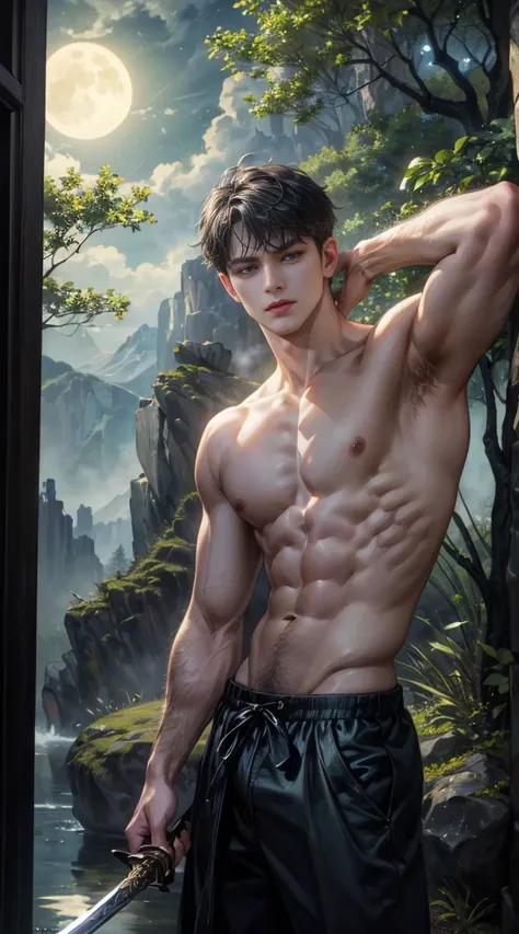 (best quality, masterpiece, highres:1.2), beautiful:1.5, shirtles, black short hair:1.5, under the moonlight in a deep forest, no one around, looking at the viewer,symmetrical eyes, at night, holding a sword in his hand, naked, handsome,  leaning against r...