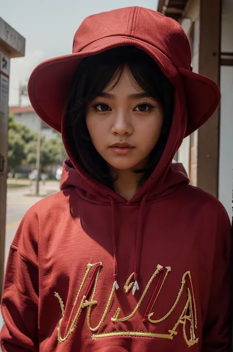 Buatkan seorang pria rapper  memakai topi kebalik, memakai hoodie merah memakai celana putih pendek