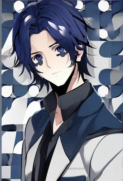 Anime ai guy has a combination of black and dark blue hair, has black eyes 