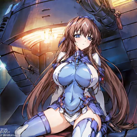 masterpiece, Highest quality, Anime Style,Official Art Beautiful Lighting, 1 girl, bangs, Inside a futuristic base, whole body, Blue and white outfit, 