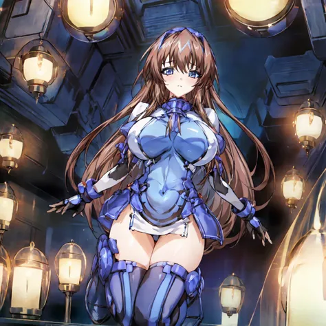 masterpiece, Highest quality, Anime Style,Official Art Beautiful Lighting, 1 girl, bangs, Inside a futuristic base, whole body, Blue and white outfit, 