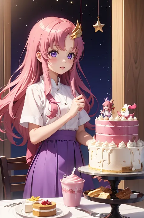 1 girl, Solo, 11 years old, Lori, , Cute Girl,Best Quality, Ultra-detailed, 8K, High resolution,
 lacus clyne, (purple eyes:1.1), hair ornament, long hair, wave hair ornament, pink hair,
tea time、Delicious Birthday Cake、Christmas Chicken