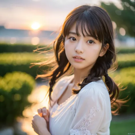 (((masterpiece))), Highest quality, Super detailedな, Very detailed, Detailed Background, light, Very beautiful girl, Japanese, 16,  Detailed face, alone, (whole body:1.3), (Random Hairstyles :1.2), bangs, (Young Face), (Perfect body:1.1), sunset, summer, I...