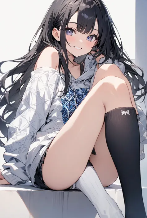 ((Highest quality)), ((masterpiece)), ((Very detailed)), (Very cute),A gentle-looking woman with black hair and a smile, about 165cm tall，A woman with a cute smile wearing a hoodie with a cool pattern and bare shoulders, alone, Cute attitude,(background(br...