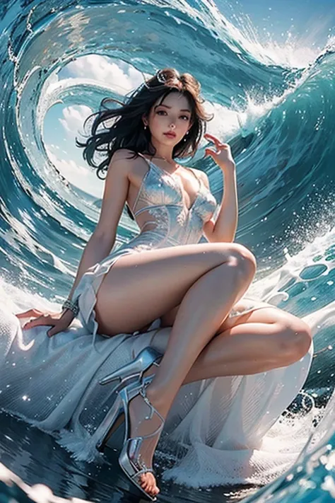 Highest quality,Masterpiece,Ultra high resolution,(real:1.4),original photo,Ultra high resolution，8k，There was a very beautiful woman.，white skin，Exquisite makeup，big wave，Light blue see-through dress.，high-heels，Long legs，bright and beautiful，Random sexy ...