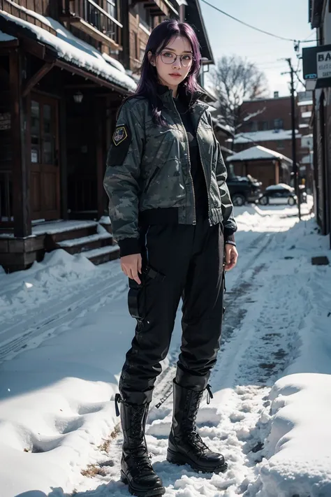 1 girl, beautiful purple hair, blue eyes detailed, wearing glasses, wearing military tactical gear, black military jacket, black military pants, plack military boots, winter, night, snow, realistic, ultra-detailed, HDR, 4k, full body, realistic lighting an...