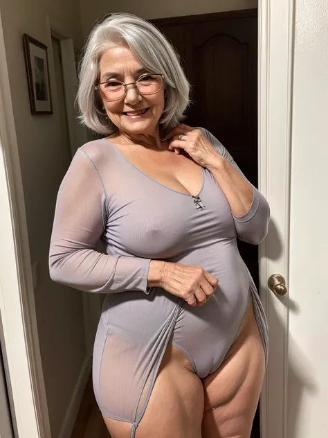 Mature old woman 80 years with silver hair, plus size, old face and body with many wrinkles, smiling, loose skin, standing at bedroom posing for photo, She wearing orange bodysuit with large neckline and lace stockings and glasses side view. jaw dropping m...