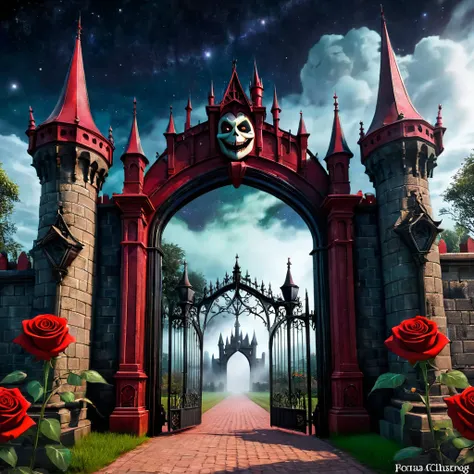 (Symmetrical:1.3), (estilo bonito dos desenhos animados:1.3), (gothic theme park), (huge iron gates open in the shape of a scary face) adornado com rosas vermelhas e ((torcendo videiras de plantas)), estilo da natureza, gothic castle behind the gates, Haun...