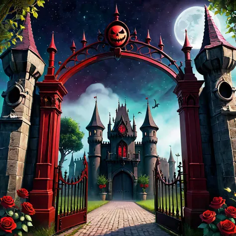 (Symmetrical:1.3), (estilo bonito dos desenhos animados:1.3), (gothic theme park), (huge iron gates open in the shape of a scary face) adornado com rosas vermelhas e ((torcendo videiras de plantas)), estilo da natureza, gothic castle behind the gates, Haun...