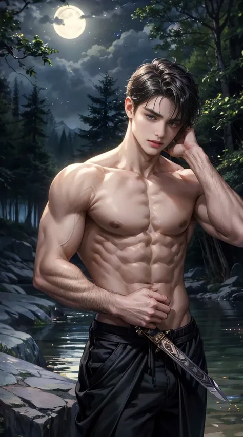 (best quality, masterpiece, highres:1.2), beautiful:1.5, shirtles, black short hair:1.5, under the moonlight in a deep forest, no one around, looking at the viewer,symmetrical eyes, at night, holding a sword in his hand, naked, handsome,  leaning against r...