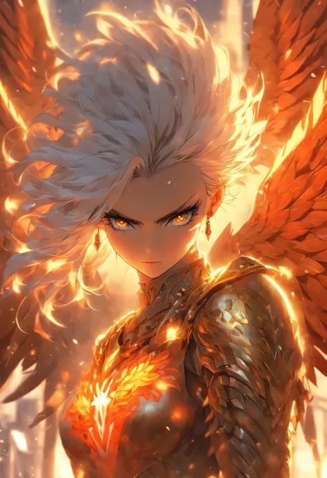 A Russian girl in her early 20s with ash grey hair, The most beautiful and sexy warlord goddess,  platinum white hair, glowing orange eyes, dark skin, highly detailed white spiked battle armor, golden angel wings, tattoos and piercings, flower pedals blowi...