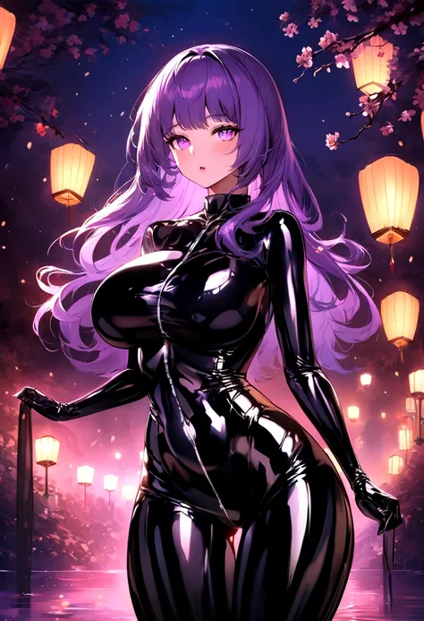 Create a digital artwork of a voluptuous female character with massive breasts in an anime-inspired style. The character should have long, flowing purple hair and large, expressive purple eyes. She should be wearing a tight, glossy black latex bodysuit tha...