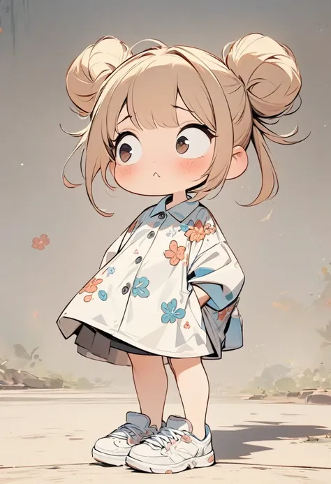 (masterpiece, best quality:1.2), cartoonish character design。1 girl, Solitary，big eyes，Cute expression，Two hair buns，Floral shirt，Work clothes，White sneakers，Standing，interesting，interesting，Clear lines