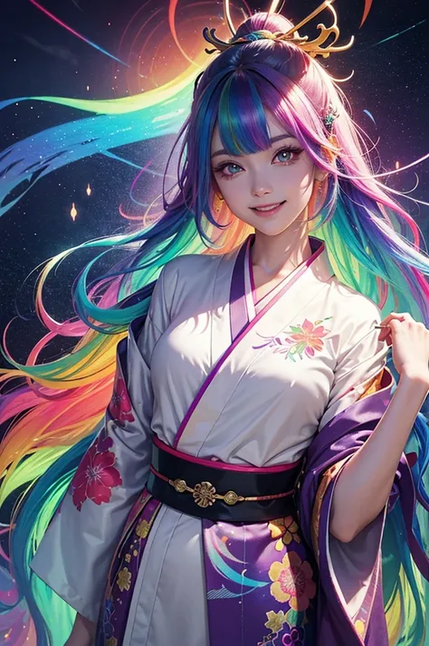 A girl with long rainbow hair, glowing rainbow eyes and an adorable smile wearing kimono, detailed anime style, fantasy illustration art, shiny glossy colorful lighting, glittery skin, glowing neon color palette, cute face