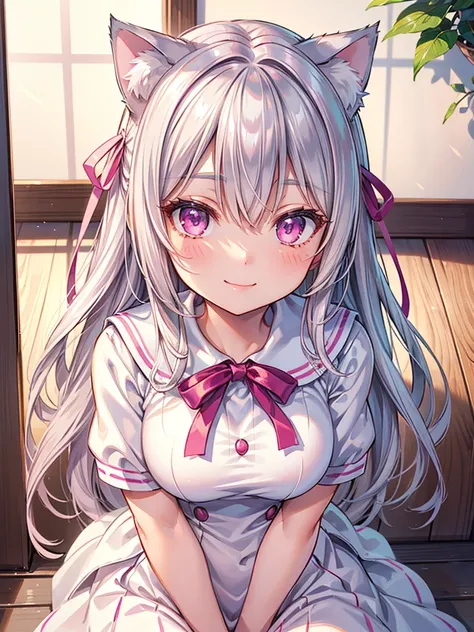 Highly detailed face,fine grain,Highlighted eyes, medium breasts ,pretty girl, smile shyly,Cat ear,Beautiful silver hair,Pink inside,Beautiful pink eyes,shiny skin, beautiful shadow,White sailor uniform,ribbon, I want to send a letter to you
