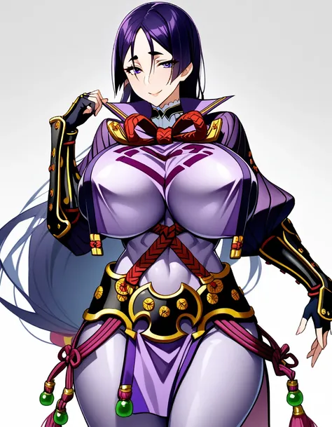 1girl,solo,perfect,high quality,faultless,
raikou, raikou, parted bangs, purple eyes, purple hair, long hair, hime cut, forehead, mature female,
arm guards, armor, black gloves, bodysuit, fingerless gloves, gloves, japanese armor, kote, loincloth, purple b...