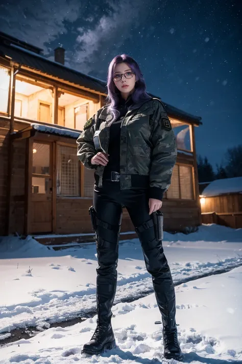 1 girl, beautiful purple hair, blue eyes detailed, wearing glasses, wearing military tactical gear, black military jacket, black military pants, plack military boots, winter, night, snow, realistic, ultra-detailed, HDR, 4k, full body, realistic lighting an...