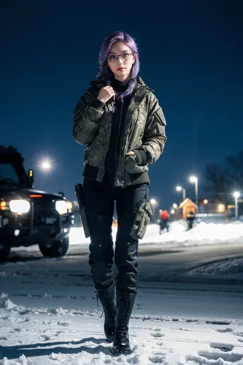 1 girl, beautiful purple hair, blue eyes detailed, wearing glasses, wearing military tactical gear, black military jacket, black military pants, plack military boots, winter, night, snow, realistic, ultra-detailed, HDR, 4k, full body, realistic lighting an...