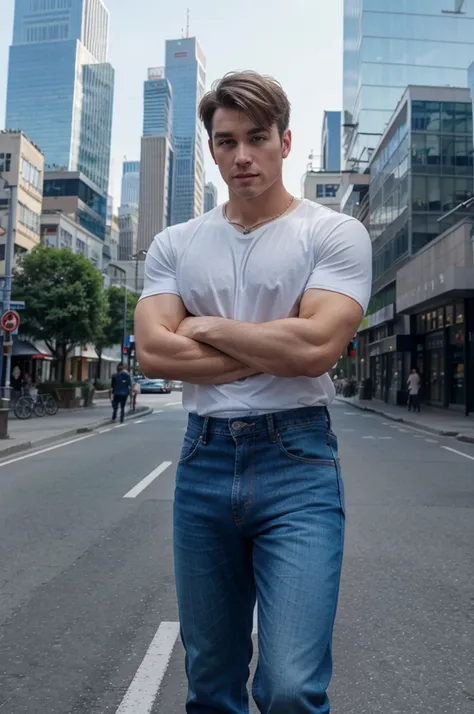 male、Handsome and sturdy、Wearing jeans、Neat short hair、Background in the middle of the city and skyscrapers、Real、Ultra HD