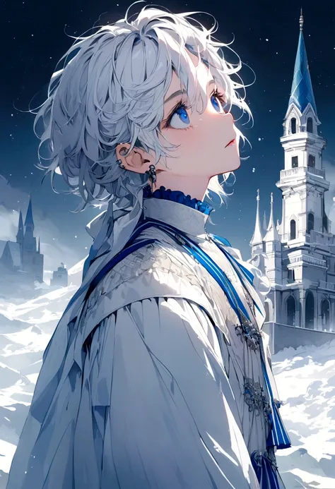 Noble boy with short white hair, piercing blue eyes, wearing white clothes with blue stripes, looking up in winter and castle background