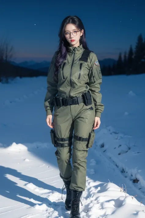 1 girl, beautiful purple hair, blue eyes detailed, wearing glasses, wearing military tactical gear, black military jacket, black military pants, plack military boots, winter, night, snow, realistic, ultra-detailed, HDR, 4k, full body, realistic lighting an...