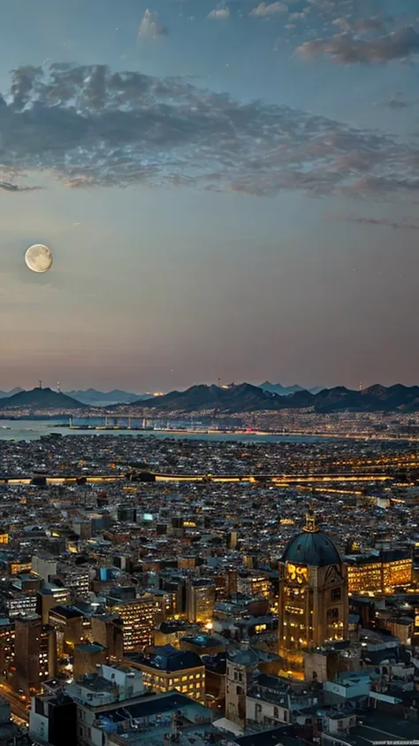 create a high resolution image for a background that contains moon, matrix scaping and dreamscapes in a big city 