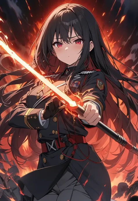 masterpiece, Highest quality, Very detailed, anime,holding, Black Hair, Long Hair, Red eyes, A military girl, Decorated military uniform, The Strongest Soldier, Aura of Awakening, can not lose