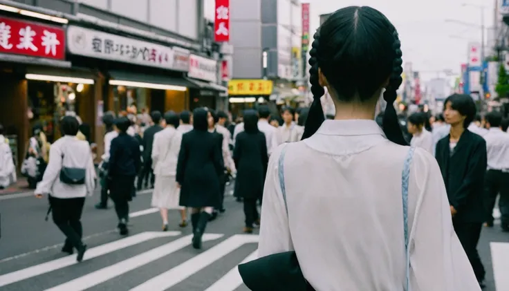 a girl, 17yo, black hair, pigtails, looking ahead, white browse, long sleeves, white flair skirt, walking Tokyo city road, buildings, crowd of people, from back, wide shot