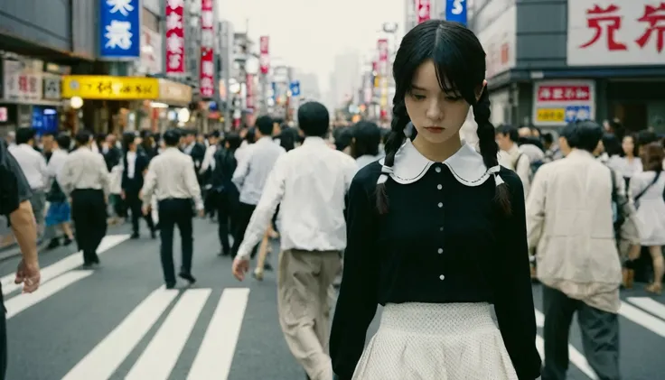 a girl, 17yo, black hair, pigtails, looking ahead, white browse, long sleeves, white flair skirt, walking Tokyo city road, buildings, crowd of people, from back, wide shot