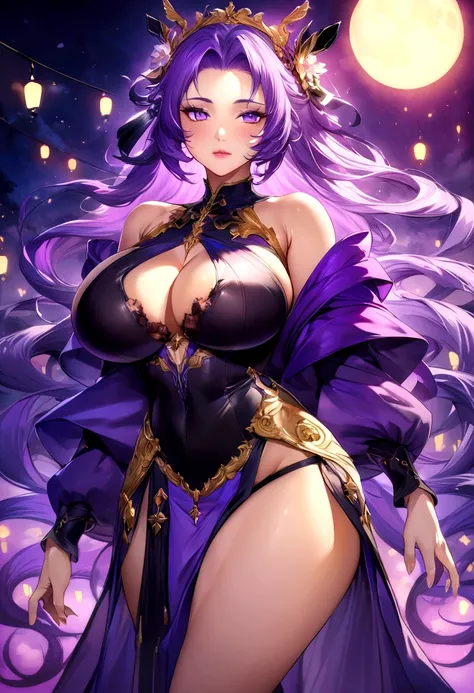 Create a digital artwork of a voluptuous female character with massive breasts in an anime-inspired style. The character should have long, flowing purple hair and large, expressive purple eyes. She should be wearing a black bra that accentuates her curves....