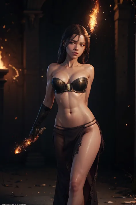 Beautiful alluring pyromancer zendaya, Fair Skin, amazing well toned slim and athletic body, tan skin, sweaty skin, at a ruined desert temple, etherel flames surround her, flame particles, Beautiful D&D Character Portrait, Ominous, Dark Fantasy, Biopunk, D...