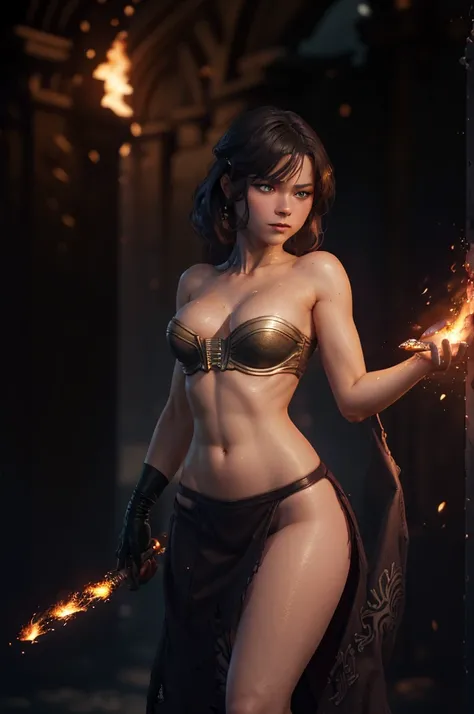 Beautiful alluring pyromancer zendaya, Fair Skin, amazing well toned slim and athletic body, tan skin, sweaty skin, at a ruined desert temple, etherel flames surround her, flame particles, Beautiful D&D Character Portrait, Ominous, Dark Fantasy, Biopunk, D...