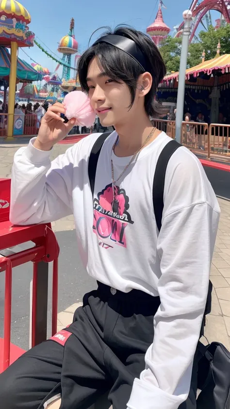 date with Kim Gyubin (zerobaseone) .
He has a black handsome hair.

A fun-filled day at an amusement park starting with buying matching headbands. You ride various attractions, share cotton candy, and end the day with a live show or parade.