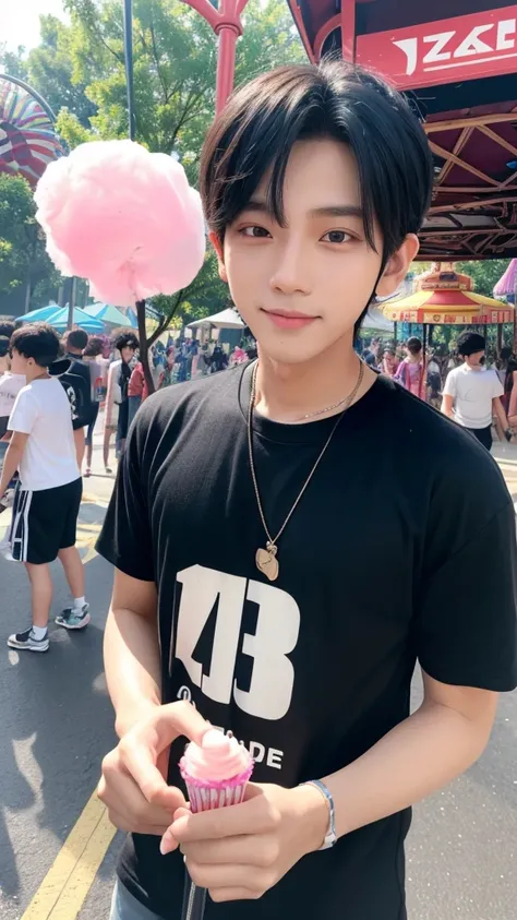 date with Kim Gyubin (zerobaseone) .
He has a black handsome hair.

A fun-filled day at an amusement park starting with buying matching headbands. You ride various attractions, share cotton candy, and end the day with a live show or parade.