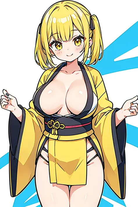 (Twin tails,Short Hair,Yellow Hair),((Big Tits,Girl,Lori)),(kimono,slit,)White background,Standing posture,Provocative smile