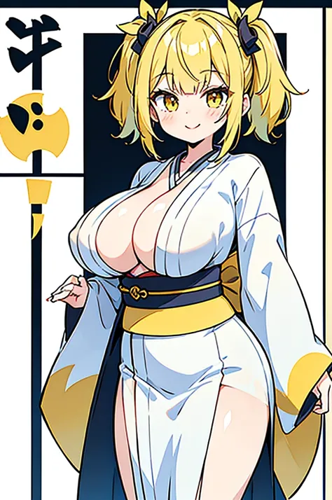 (Twin tails,Short Hair,Yellow Hair),((Big Tits,Girl,Lori)),(kimono,slit,)White background,Standing posture,Provocative smile