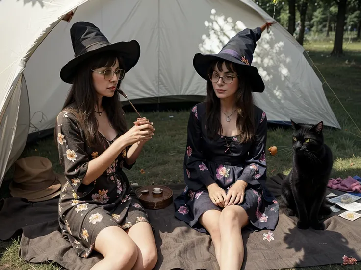 groovy old 1960s witch woman, floral dress, glasses, witch hat, black cat, sitting in a tent smoking her pipe at Woodstock music festival