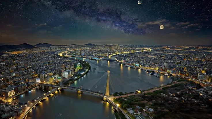 create a high resolution image for a background that contains moon, matrix scaping and dreamscapes,night star skies, big city.