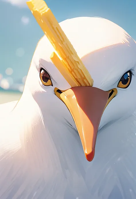 A close-up shot of a seagull with a French fry dangling from its beak.