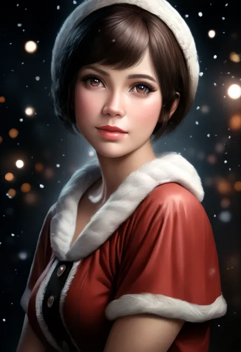 1girl, santa claus costume, symmetry, beautiful cute girl, slender figure, (ultra short hair:1.5), ultra big smile, Beautiful large round droped detailed eyes, beautiful detailed lips, extremely detailed face, natural makeup, (best quality,4k,8k,highres,ma...