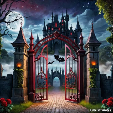 (Symmetrical:1.3), (estilo bonito dos desenhos animados:1.3), (gothic theme park), (huge iron gates open in the shape of a scary face) adornado com rosas vermelhas e ((torcendo videiras de plantas)), estilo da natureza, gothic castle behind the gates, Haun...