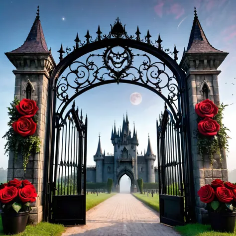 (Symmetrical:1.3), (estilo bonito dos desenhos animados:1.3), (gothic theme park), (huge iron gates open in the shape of a scary face) adornado com rosas vermelhas e ((torcendo videiras de plantas)), estilo da natureza, gothic castle behind the gates, Haun...