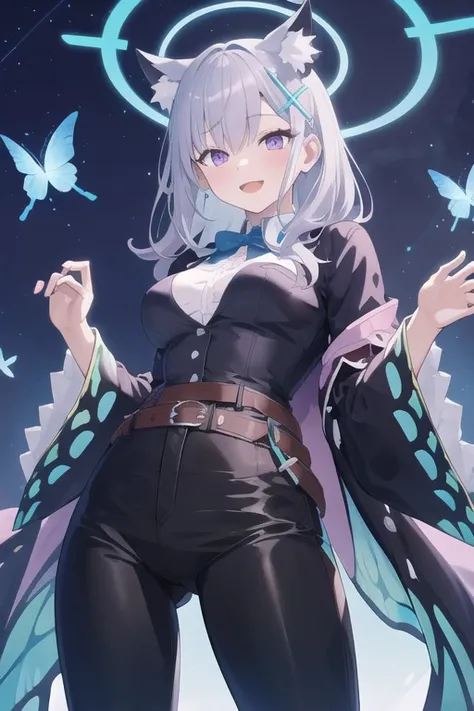 masterpiece, best quality,(detailed), 1girl, solo, kochou shinobu, butterfly hair ornament, purple eyes, shiroko_bluearchive,
haori, wide sleeves, long sleeves, black pants, black jacket, belt,
sexy, smile, from below, fingering, schlick, masturbation