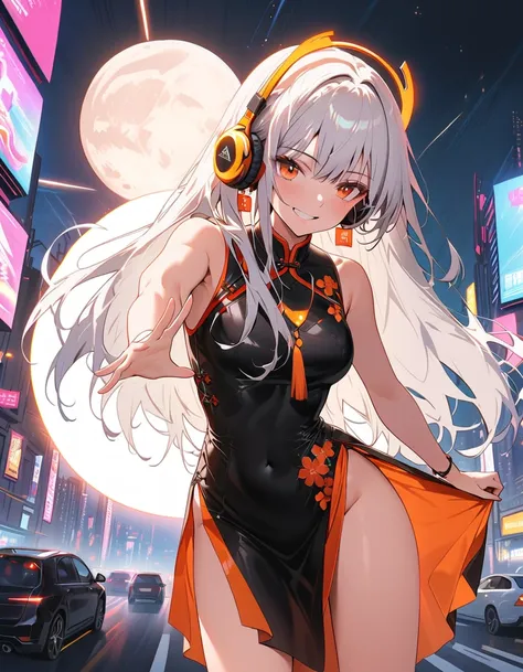 1 girl, standing_split, Chinese_clothing, liquid silver and Tangerine, Cyberhan, cheongsam, Cyberpunk city, Dynamic poses, Detailed glowing headphones, Glowing Hair Accessories, Long hair, Luminous earringss, Glowing necklace, Cyberpunk, 高And technology城, ...