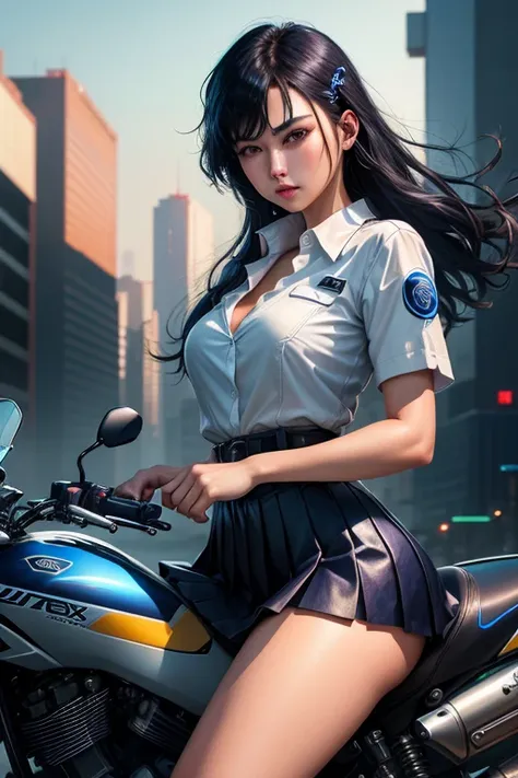 Digital Cyberpunk Art、Highest quality、Ultra-high quality CG Unity 8K、Black Hair Semi-Long、Mechanics、Shiny、Wear a cyberpunk white collared button-up shirt、Wear a cyberpunk navy blue short box pleated skirt、Japanese 、Riding on motorcycle、CBR400Rに乗る、Drive on ...