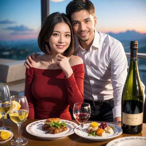 ((Highest quality、8k、masterpiece:1.3))、 (Genuineistic, Genuine、Bright image、Intricate details:1.2), Best smile 1 man 1 woman、Beautiful Couple、spouse、Couple、spouse、Beautiful Couple、Smile、A full-course dinner with a full table、テーブルにwine glass、 (Slim face), (...