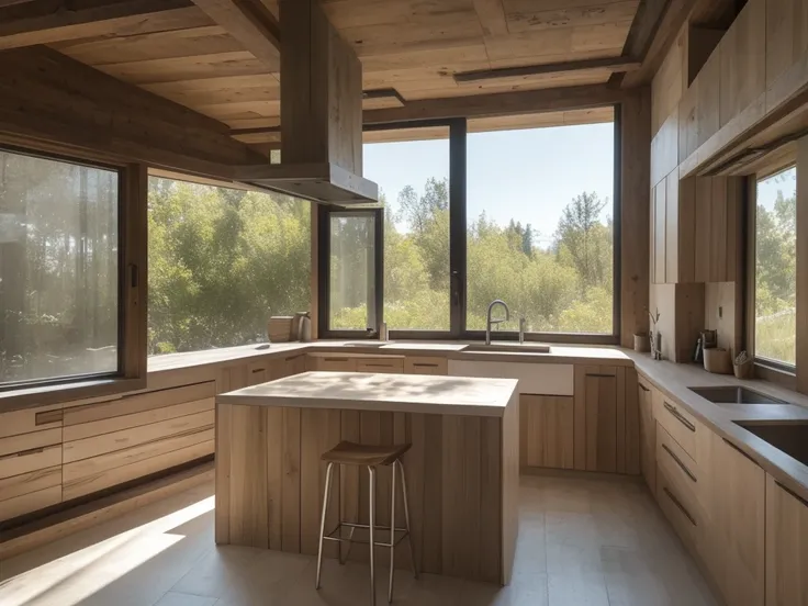 Interior with modern concrete rustic, with backdrop of natural light, wood accents, mix with rivendell architecture, concrete hitech interior, minimal kitchen, beautiful aesthetic design, minimalistic house in the wood, small kitchen, rustic, filled with n...