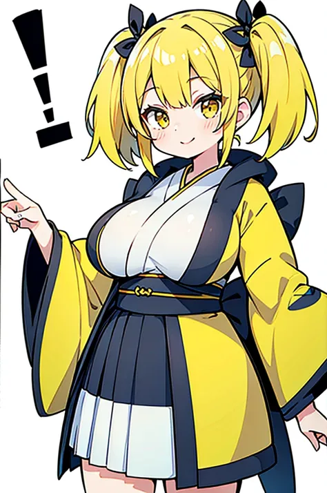 (Twin tails,Short Hair,Yellow Hair),((Big Tits,Girl,Lori)),(kimono,Low skirt,)White background,Standing posture,Provocative smile