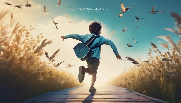 Create a professional, fantastic, cinematic Youtube Banner for a brand about music and stories called " Penamemoria". Masterpiece, 4k, sharp focus, highest quality,wide shot. Imagine a half a feather, half a fantasy boy. The title is " Penamemoria". Is a b...